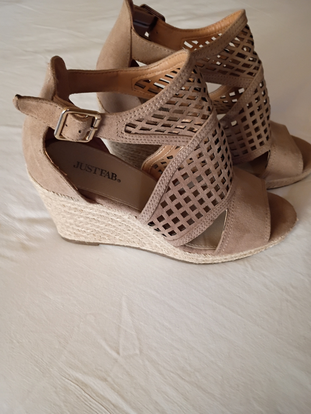JustFab Taupe Laser-Cut Espadrille Wedge Sandals
